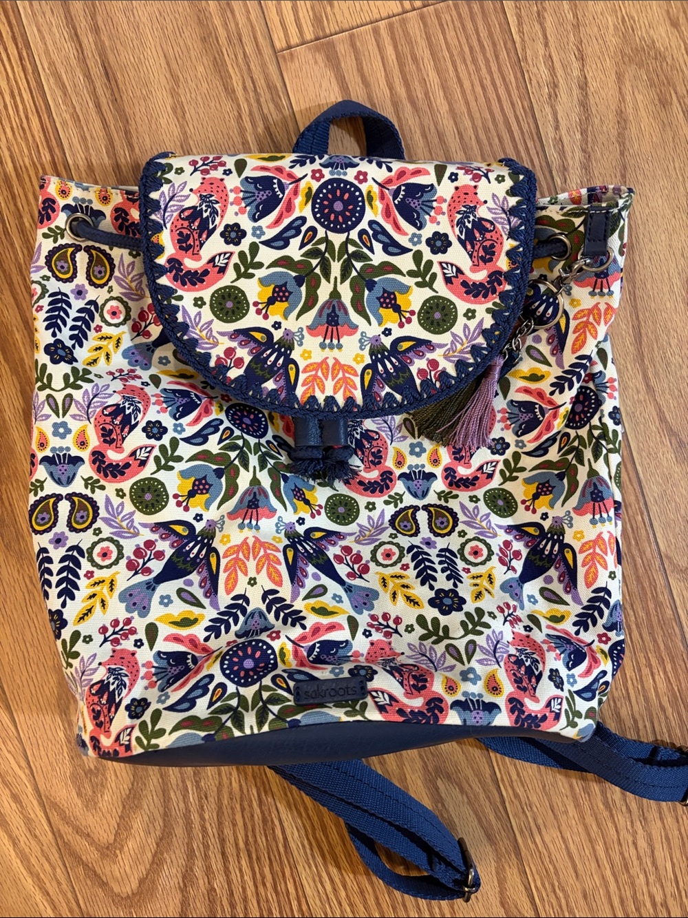 Sakroots Multicolor Floral Canvas Backpack with Navy Trim
